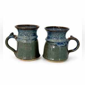 SET OF 2 Vintage handmade pottery Stoneware Blue Coffee Tea Mug thrown thumb